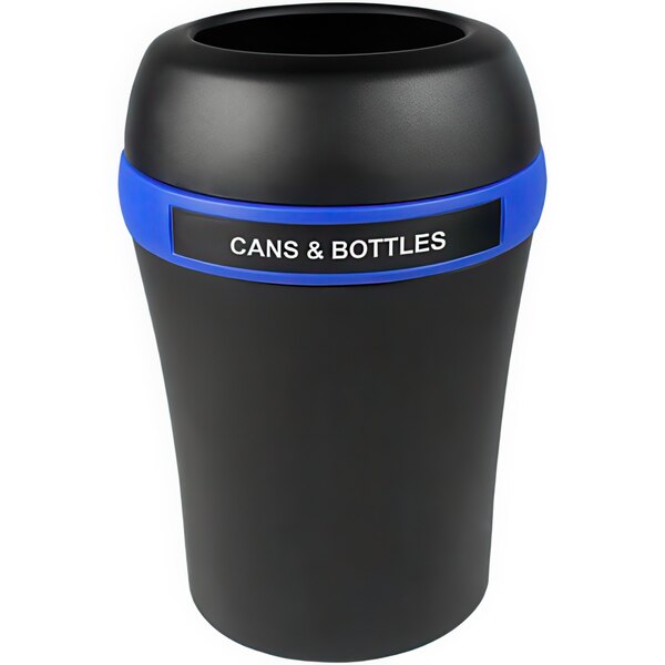 A black Busch Systems decorative can with a blue band and lid.