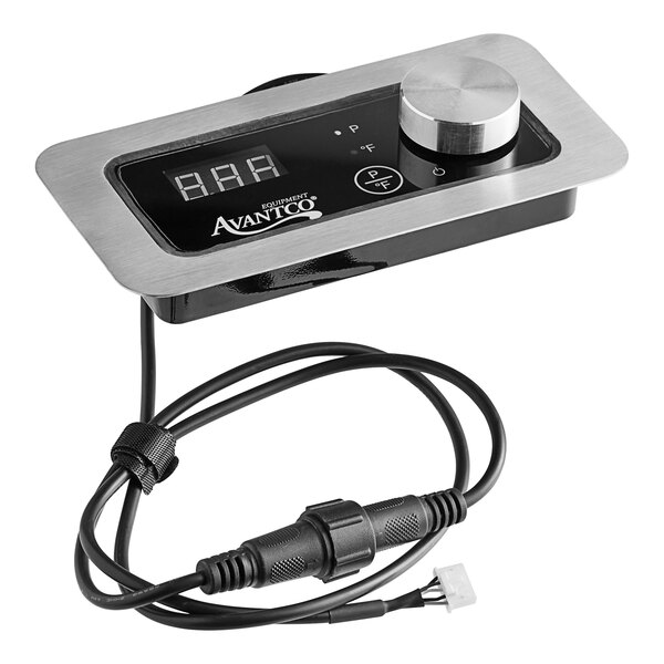An Avantco remote control assembly for a range with a black and silver device and a black cable.