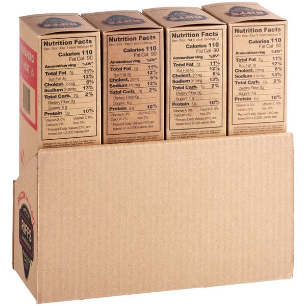A row of Riff's Smokehouse Bacon On the Go Habanero Heat variety boxes with nutrition facts.