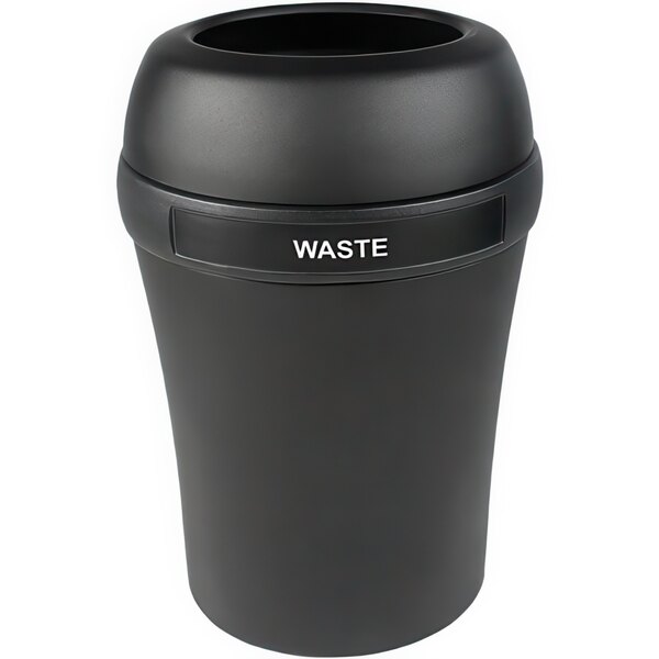 A black Busch Systems Infinite Elite decorative waste receptacle with the word "waste" on it.
