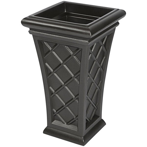 A black rectangular planter with a square top and lattice design.