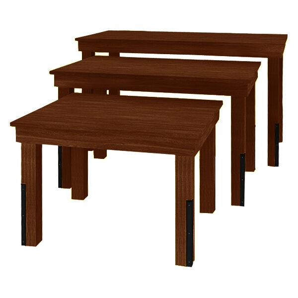 A Marco Company Select Cherry Three-Piece Nesting Display Table Set with wooden tops and legs.