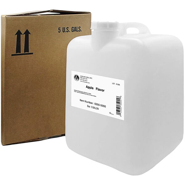 A white container labeled "LorAnn Oils Apple Super Strength Flavor" next to a box.