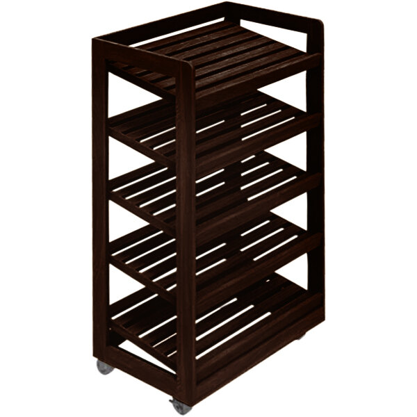 A brown wooden bakery display shelf on wheels.