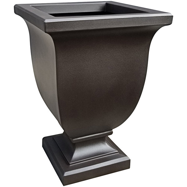 An espresso rectangular planter on a table outdoors.