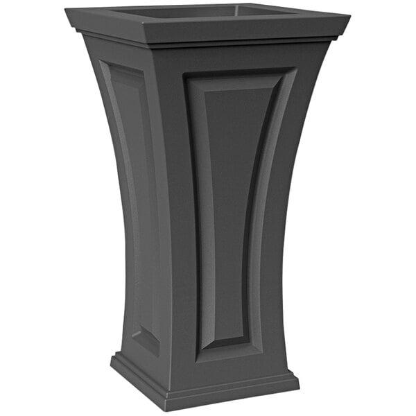 A graphite gray rectangular planter with a curved top on a pedestal.