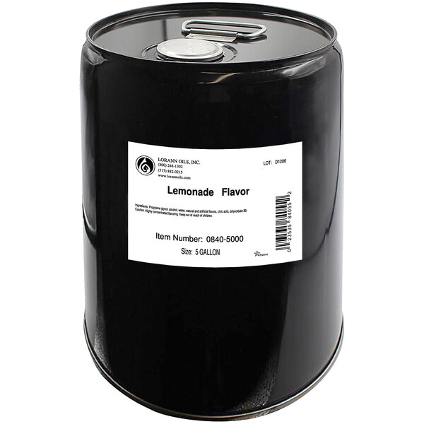 A black pail of LorAnn Oils Lemonade Super Strength Flavor with a white label.