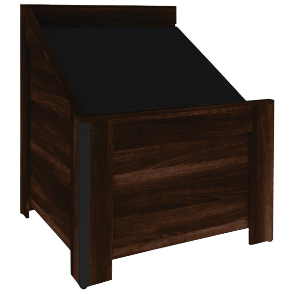 A Marco Company wooden produce bin with a black slanted front on a wooden surface.