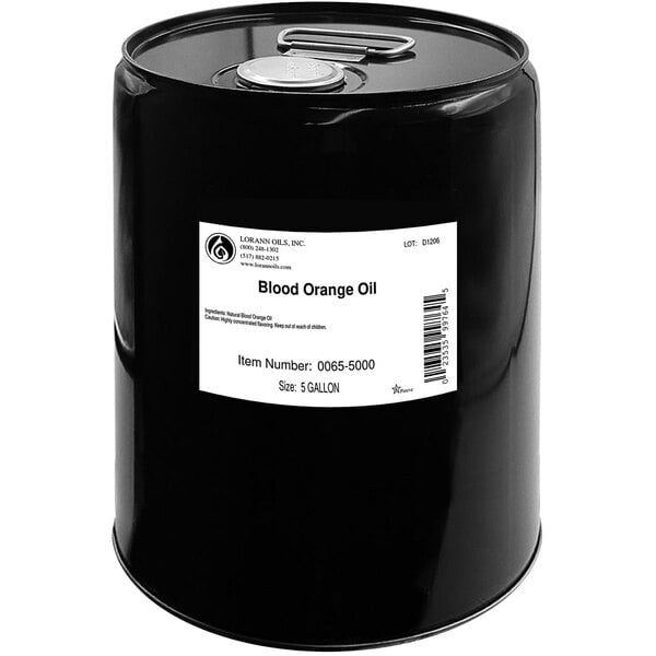 A black barrel with a white label reading "LorAnn Oils All-Natural Blood Orange Super Strength Flavor"