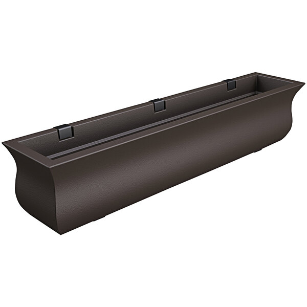 A rectangular brown planter box with black metal.