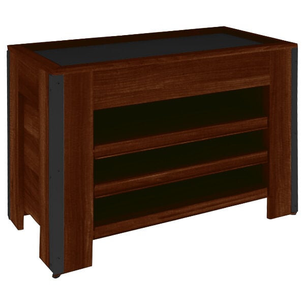 A Marco Company Select Cherry Orchard produce bin with adjustable shelving on a wooden table with shelves.