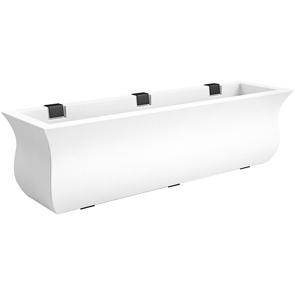A white rectangular planter with black corners.