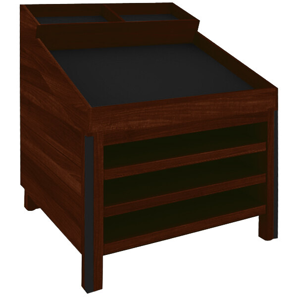 A Marco Company Select Cherry wooden produce bin with adjustable shelving.