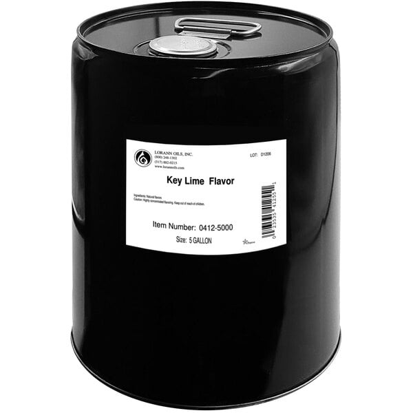 A black pail of LorAnn Oils All-Natural Key Lime Super Strength Flavor with a white label.