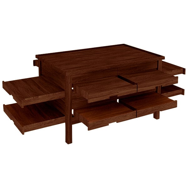 A brown wooden display table with pull-out shelves.