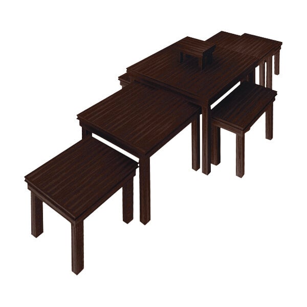 A cocoa maple square display table with benches.