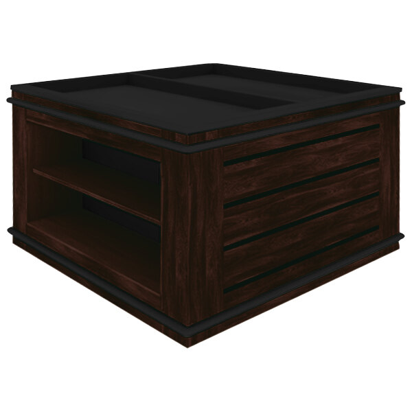 A wooden rectangular Marco Company produce display bin with adjustable shelving.