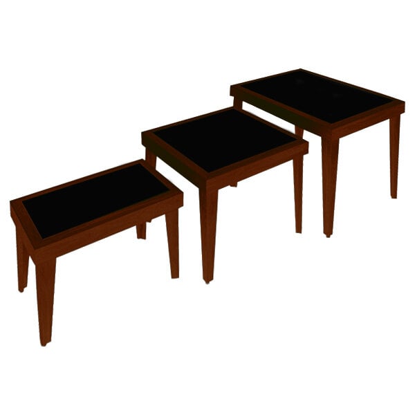 A Marco Company Select Cherry 3-Piece Display Table Set with black tops and legs.