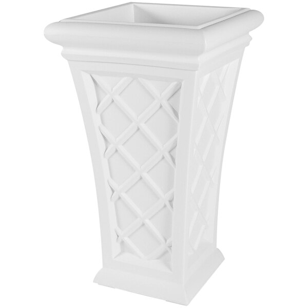 A white rectangular planter with a lattice design.