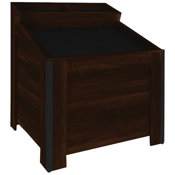 A wooden box with a black slanted top.
