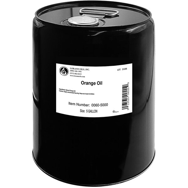 A black barrel with a white label that reads "LorAnn Oils All-Natural Orange Super Strength Flavor"