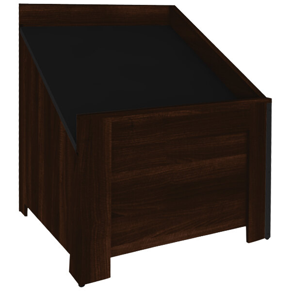 A wooden produce bin with a slanted dark wood surface and black board.