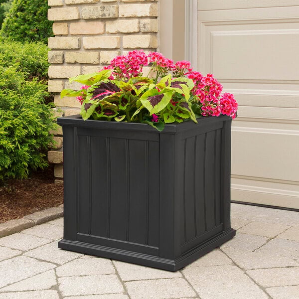 A Mayne black planter with pink and green flowers.