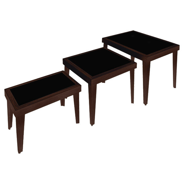 A Marco Company 3-piece display table set with black glass tops and wooden legs.