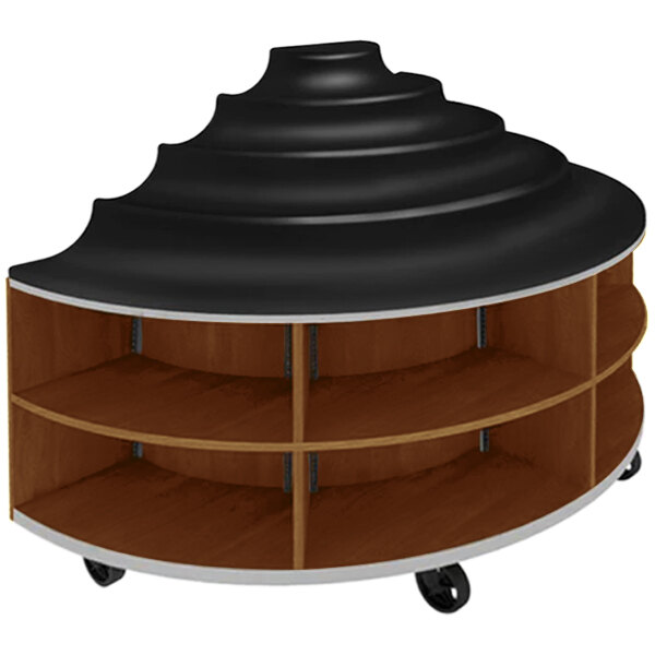 A round wooden shelf with a black top and wheels.