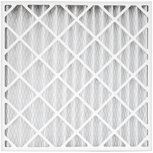 A close up of a white XPOWER pleated media filter with a grid pattern.
