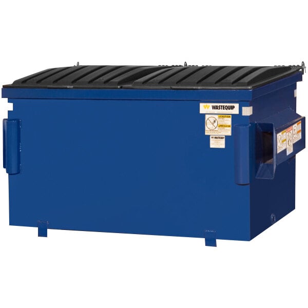 A blue steel Wastequip front end loading dumpster with a black lid.