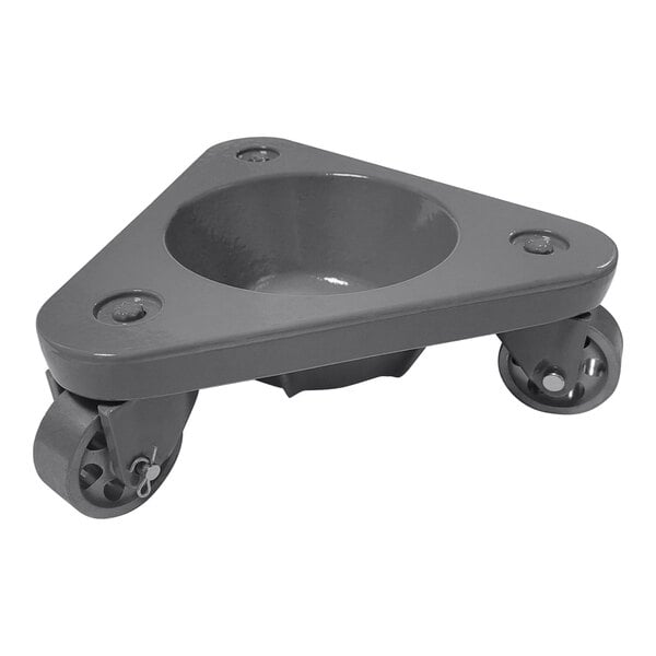 A grey metal triangular cup dolly with wheels.