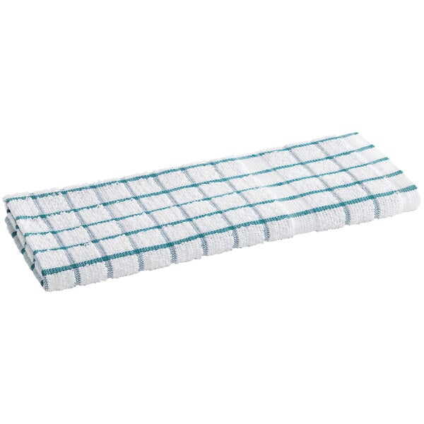 A white and green striped kitchen towel with a green stripe.