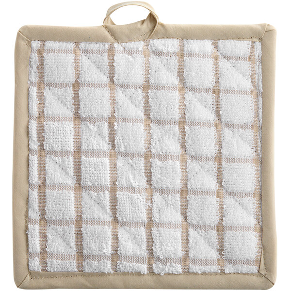 A white and tan windowpane plaid pot holder.