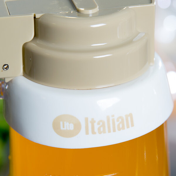 A close up of a Tablecraft white plastic container with beige lettering.