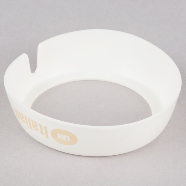A white Tablecraft salad dressing dispenser collar with beige lettering reading "Lite Italian"