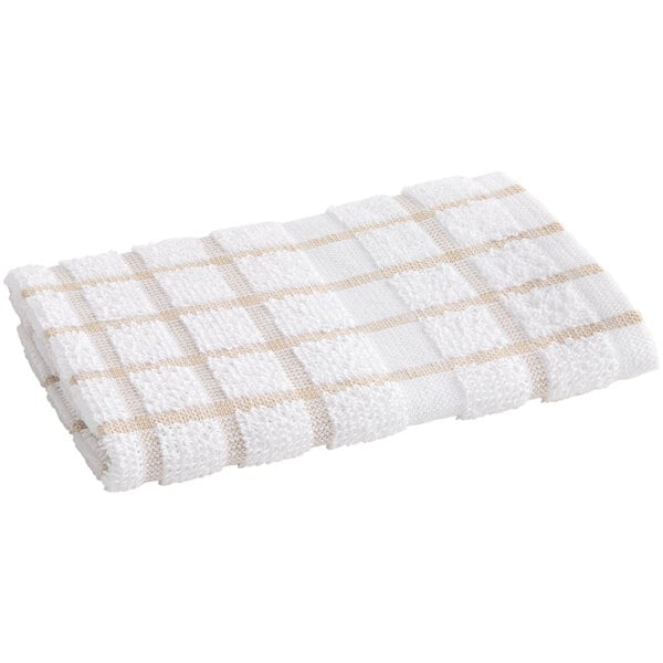A white and tan checkered dish cloth.