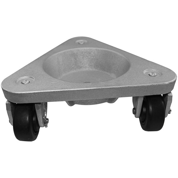 A silver metal Bond triangular cup dolly with black rubber wheels.