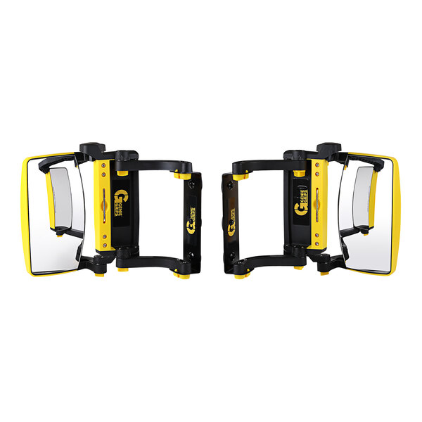 A pair of yellow and black GenieGrips Wideview forklift mirrors.