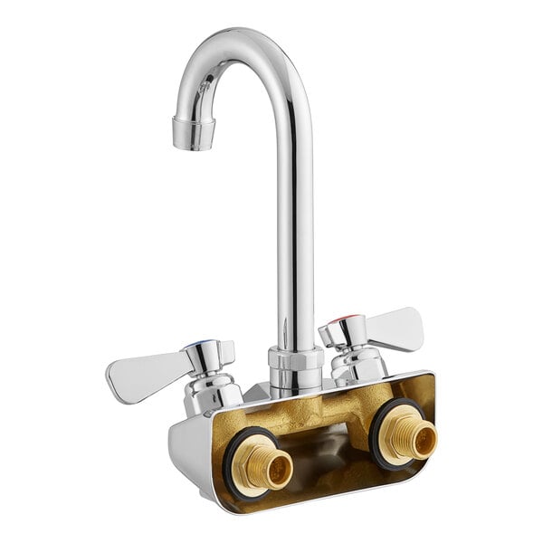 A Regency chrome wall mount faucet with two brass valves and a swivel gooseneck spout.