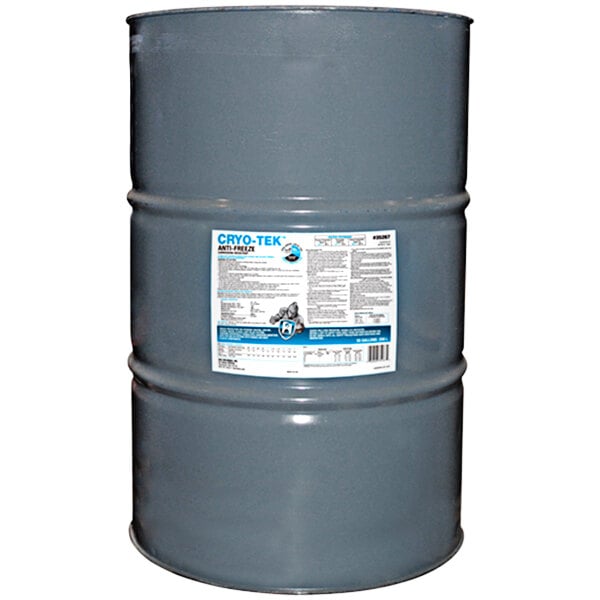 A grey 55 gallon barrel of Hercules Cryo-Tek Original Antifreeze with a white label.