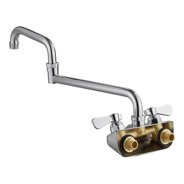 A chrome Regency wall mount faucet with two knobs.