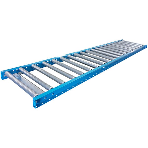 A blue steel roller conveyor belt with Lavex galvanized steel rollers.