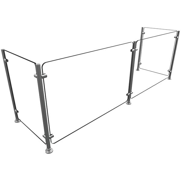 A Hatco Flav-R-Shield pass-over sneeze guard with metal posts and a metal wire fence.