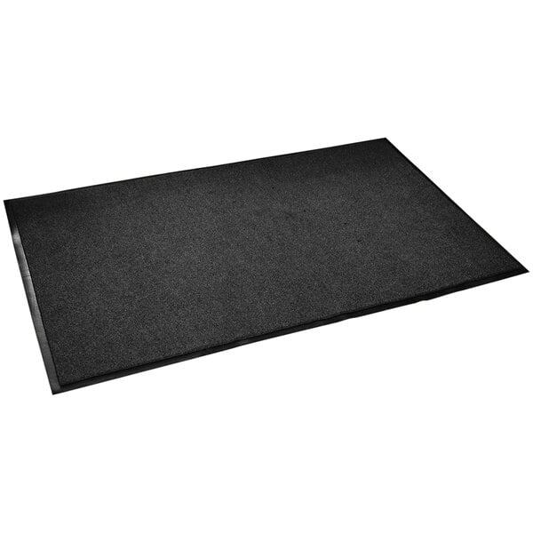 A black rectangular rug with a gray border.