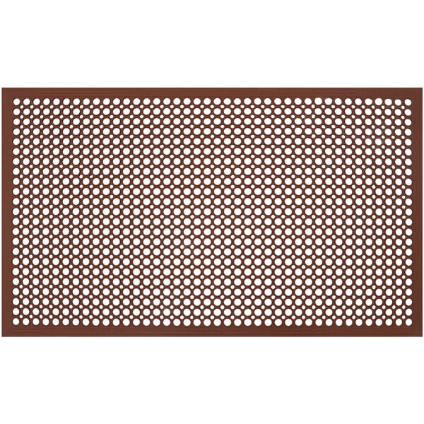 A brown rectangular rubber mat with holes in it.