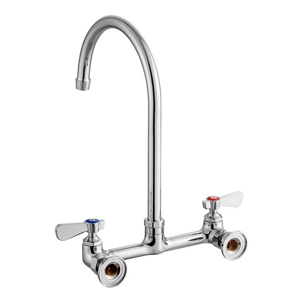 A chrome Regency wall mount faucet with two silver knobs and an 8" swivel gooseneck spout.