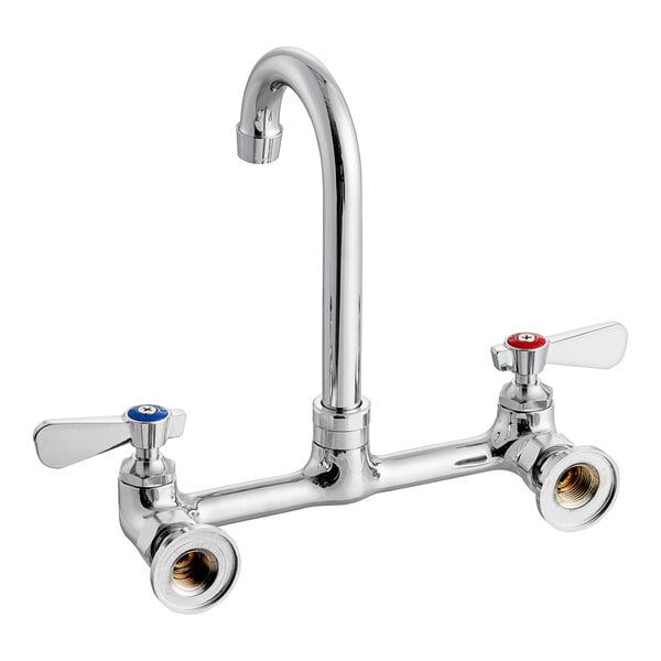 A silver Regency wall mount faucet with knobs and a swivel gooseneck spout.