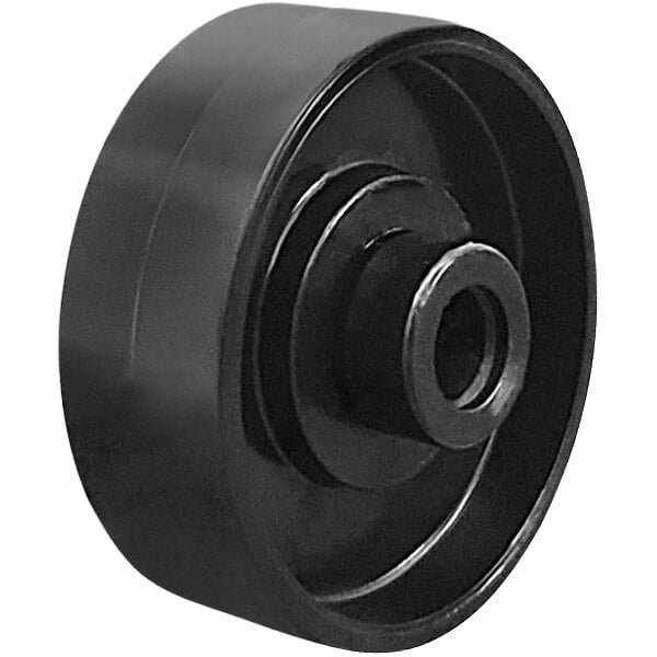 A close-up of a black Lavex conveyor skate wheel with a black rim.