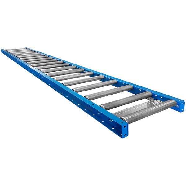 A Lavex blue roller conveyor with galvanized steel rollers.